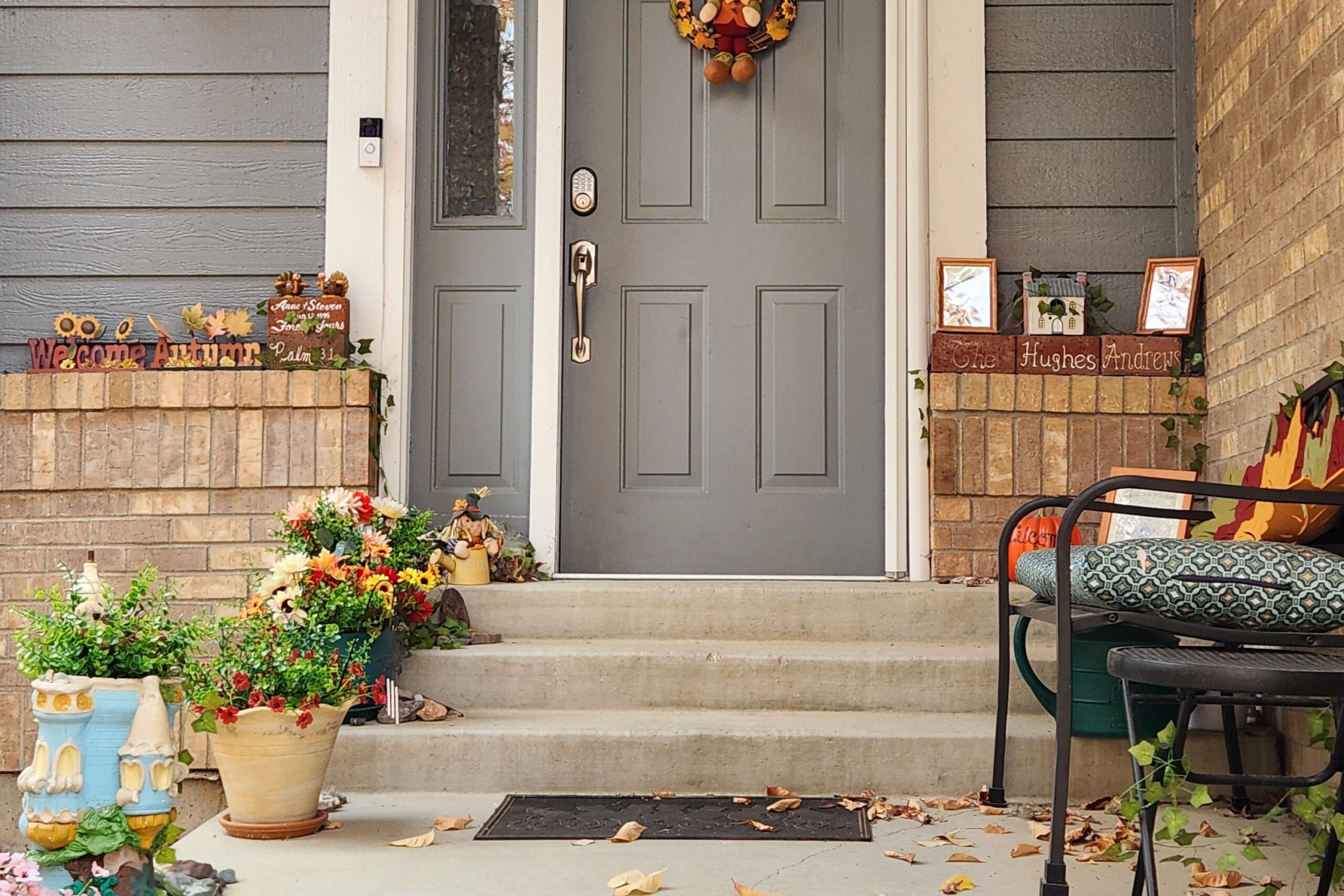 Fall home entrance with doormat before winter fall carpet cleaning